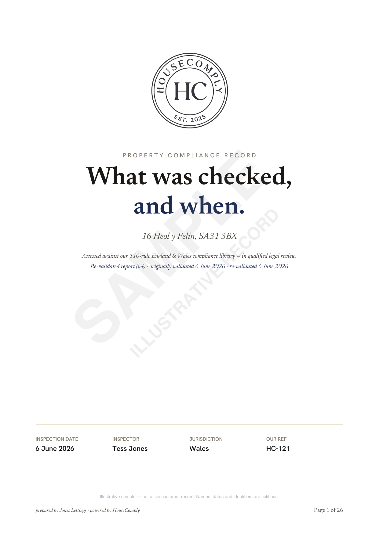 Cover page of the sample property compliance report