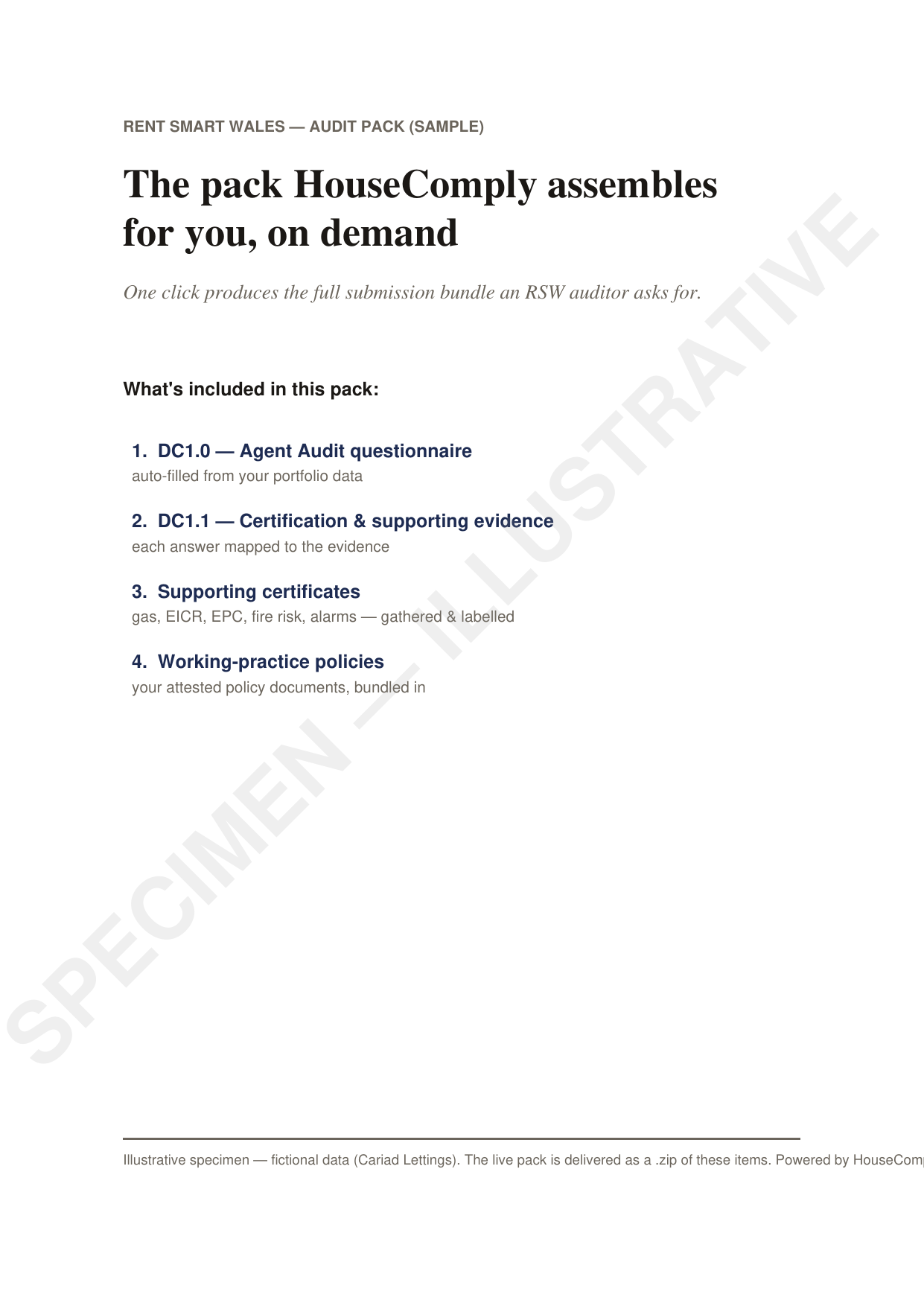 First page of the sample Rent Smart Wales audit pack